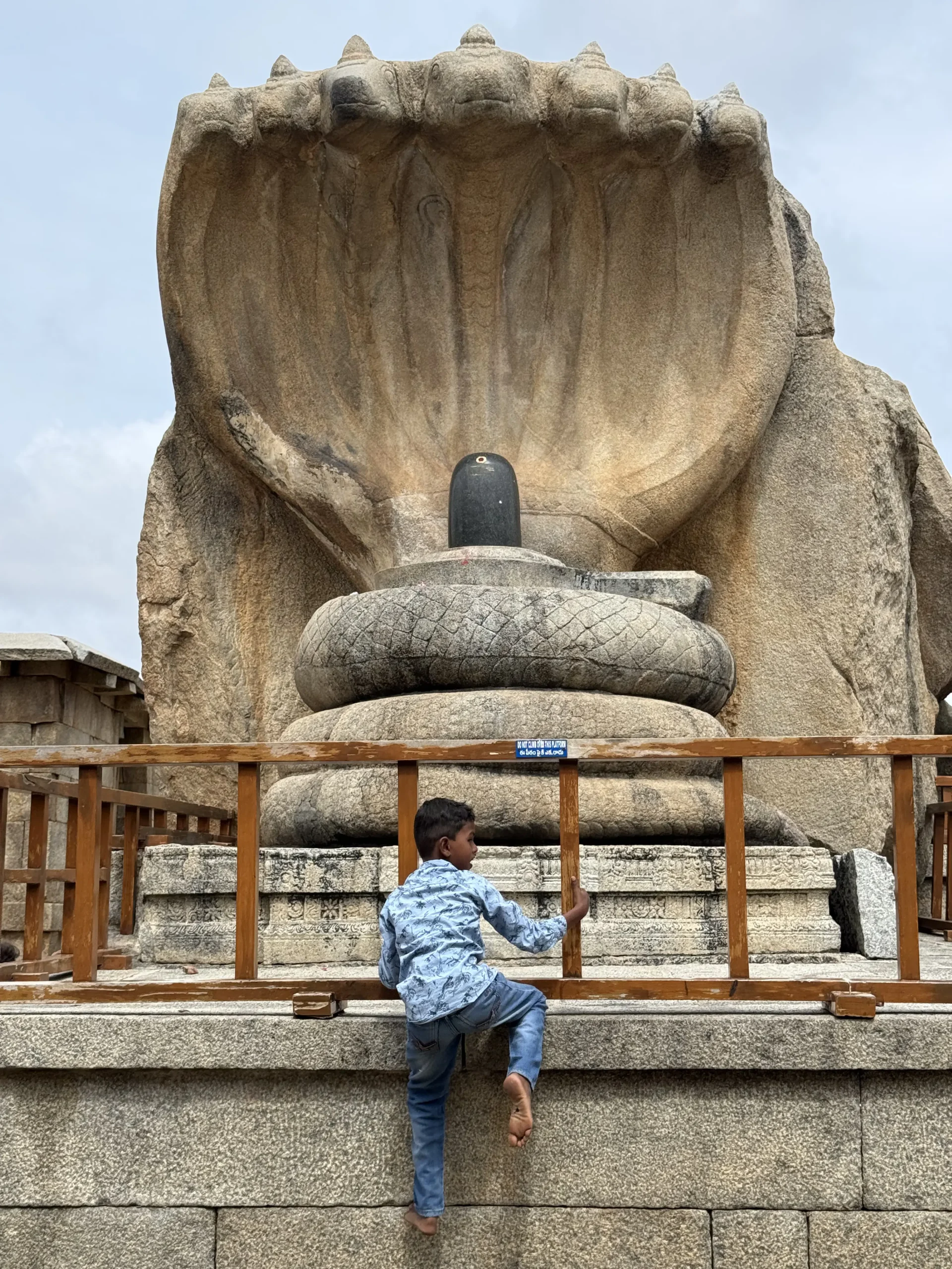 A large rock-cut sculpture of a multi-hooded snake coiled around a stone Shiva lingam. Lepakshi Veerabhadra Swamy Temple