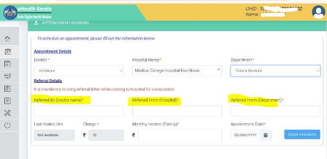 Referral appointment via citizen portal of ehealth Kerala by uhid