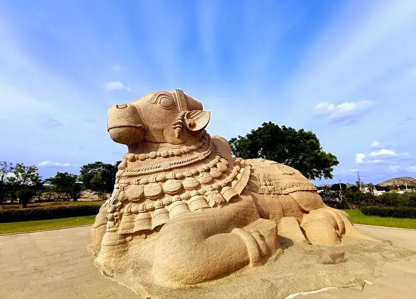 The famous Monolithic Nandi Bull sculpture located in Lepakshi