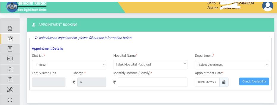 Screenshot UHID schedule an appointment in the ehealth portal