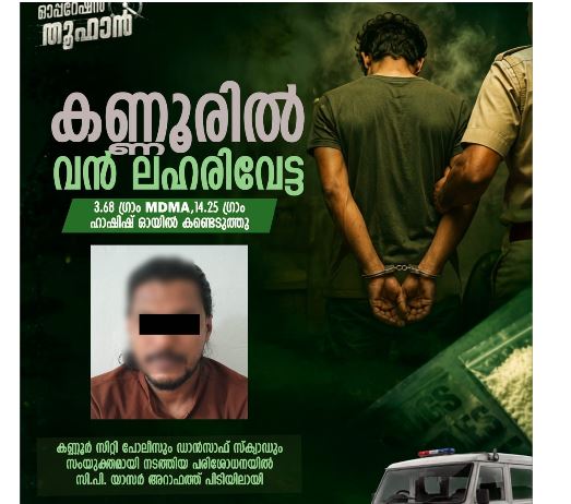 കണ്ണൂരിൽ വൻ ലഹരിവേട്ട: എം.ഡി.എം.എയും ഹാഷിഷ് ഓയിലുമായി യുവാവ് പിടിയിൽ