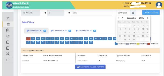 Screenshot of step-by-step process of Dr booking uhid online in Ehealth website