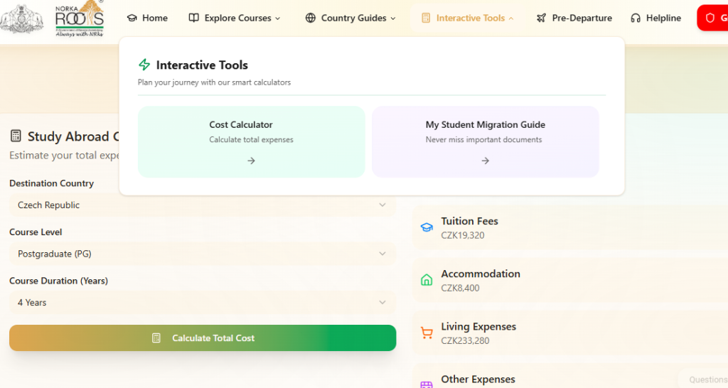 NORKA Student Portal interactive study abroad cost calculator interface showing tuition and living expense estimation