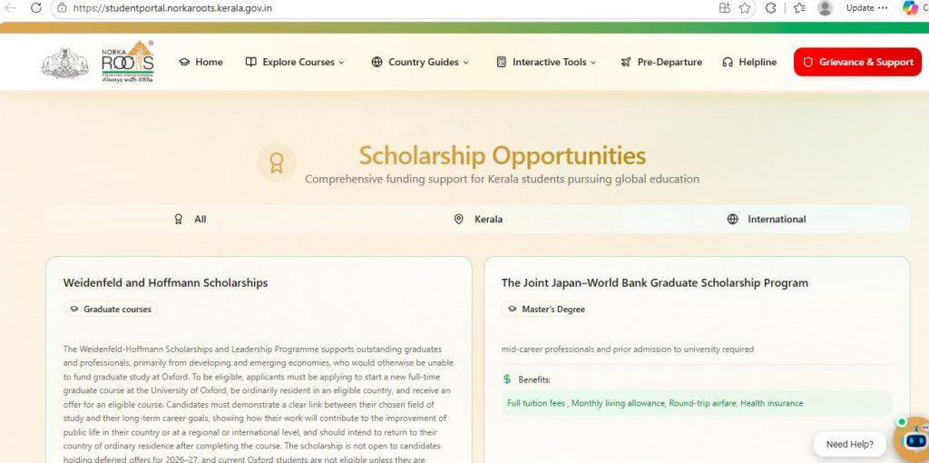NORKA Roots student portal homepage displaying global scholarship opportunities for Kerala students